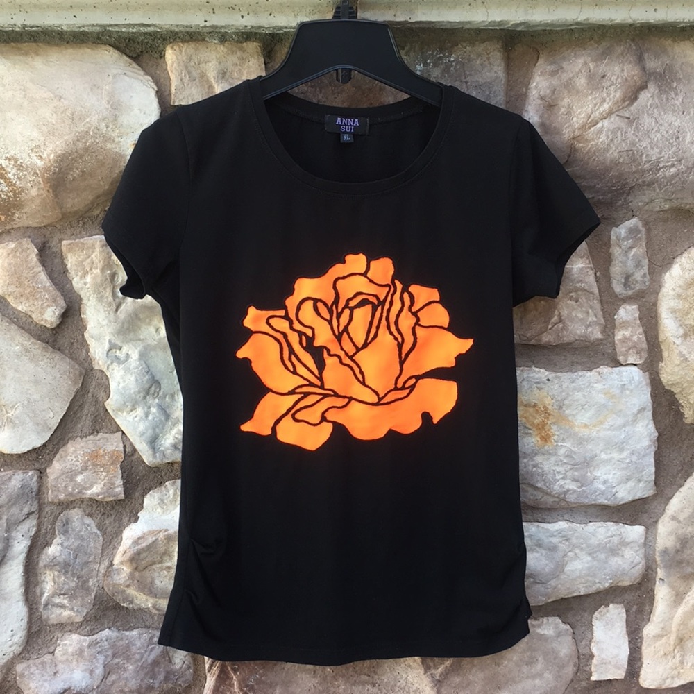 Anna Sui Short Sleeve Orange Flower Black T-shirt size Small Medium - Picture 1 of 10